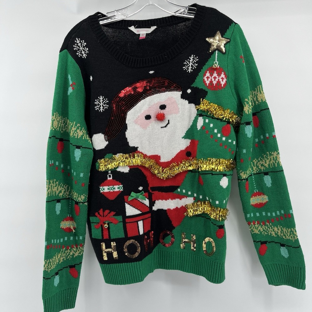 No Boundaries Green & Black Ho Ho Ho Santa Christmas Sweater - Womens XL (15-17)